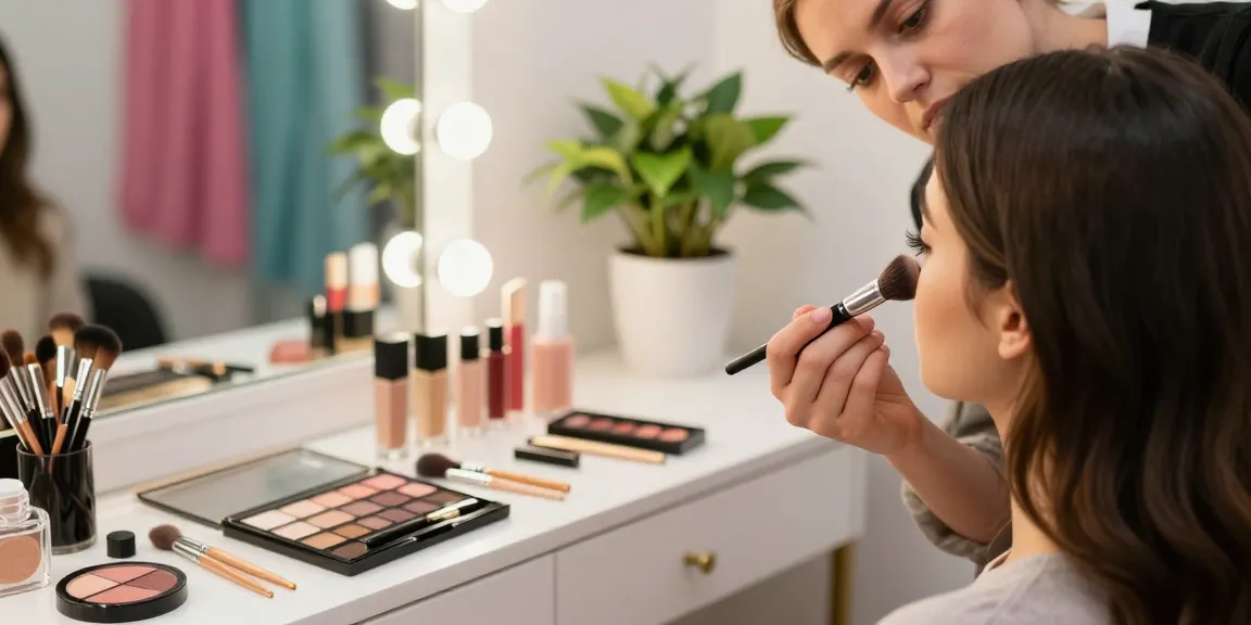 Expert applying makeup with an angled makeup brush in a chic beauty salon.
