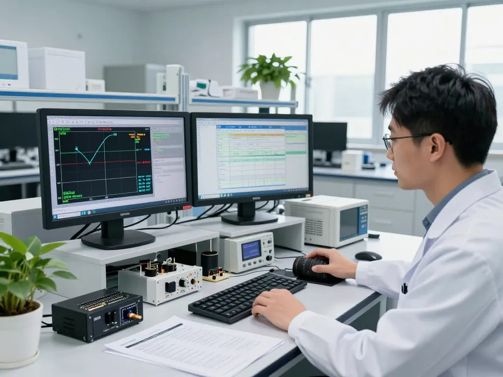 Engineer conducts TCB submission analysis in a modern compliance testing lab