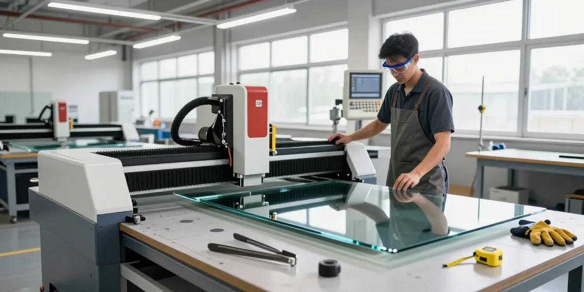 CNC glass cutting machine in action operated by technician in modern workshop showcasing precision glass processing.