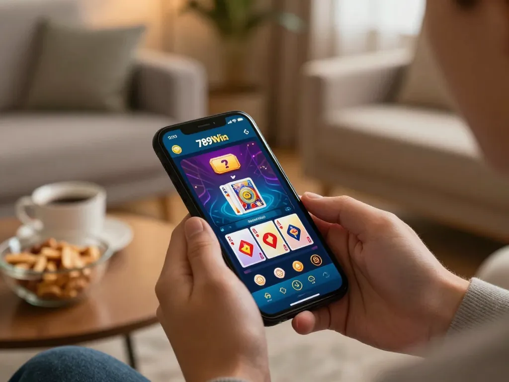 Player engaging in strategic gameplay on the 789win app in a cozy home setting.