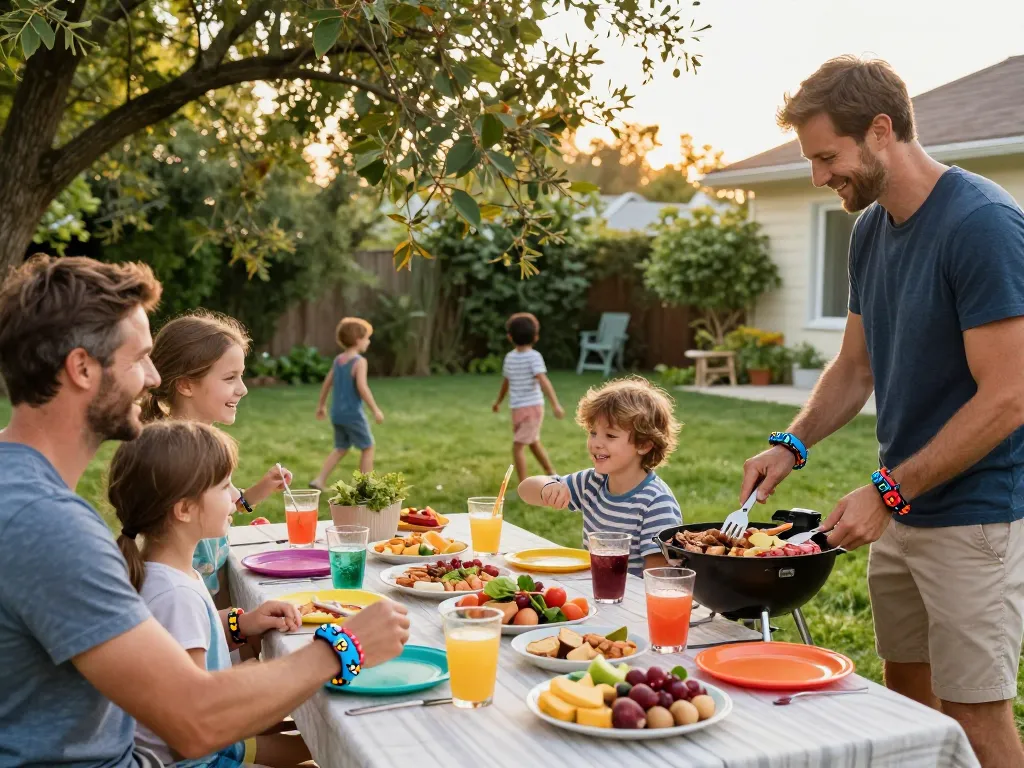 Family using the Best Mosquito Repellent bracelets during a backyard barbecue gathering.