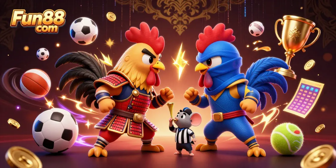 Bet on the ultimate showdown between fighters in Fun88 com, featuring epic roosters and sports elements.
