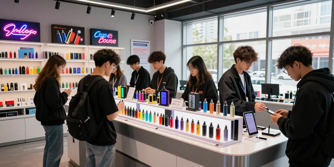 Engaged customers examining a variety of 電子菸主機 in a vibrant urban vape shop.