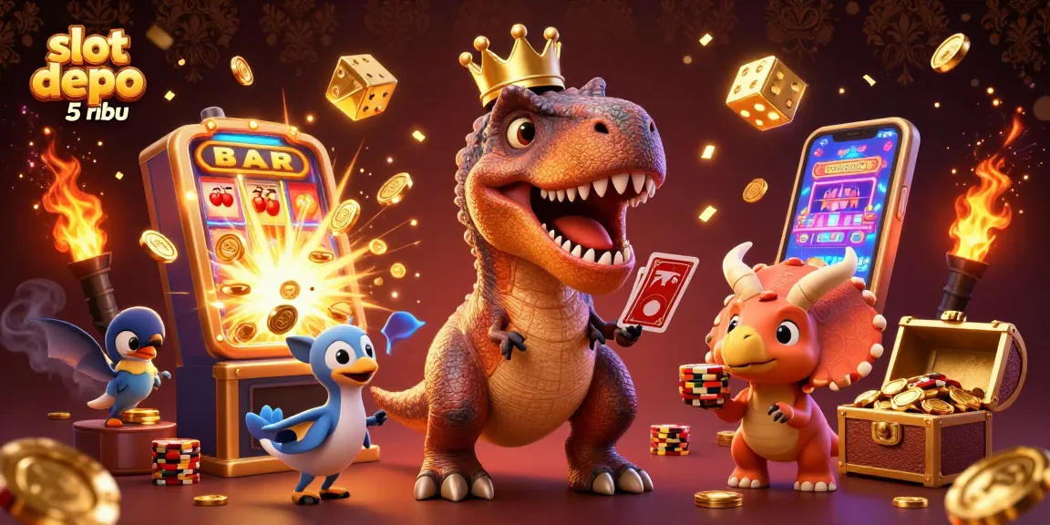 Spin to win at slot depo 5 ribu with a T-Rex shuffling cards and jackpots exploding!