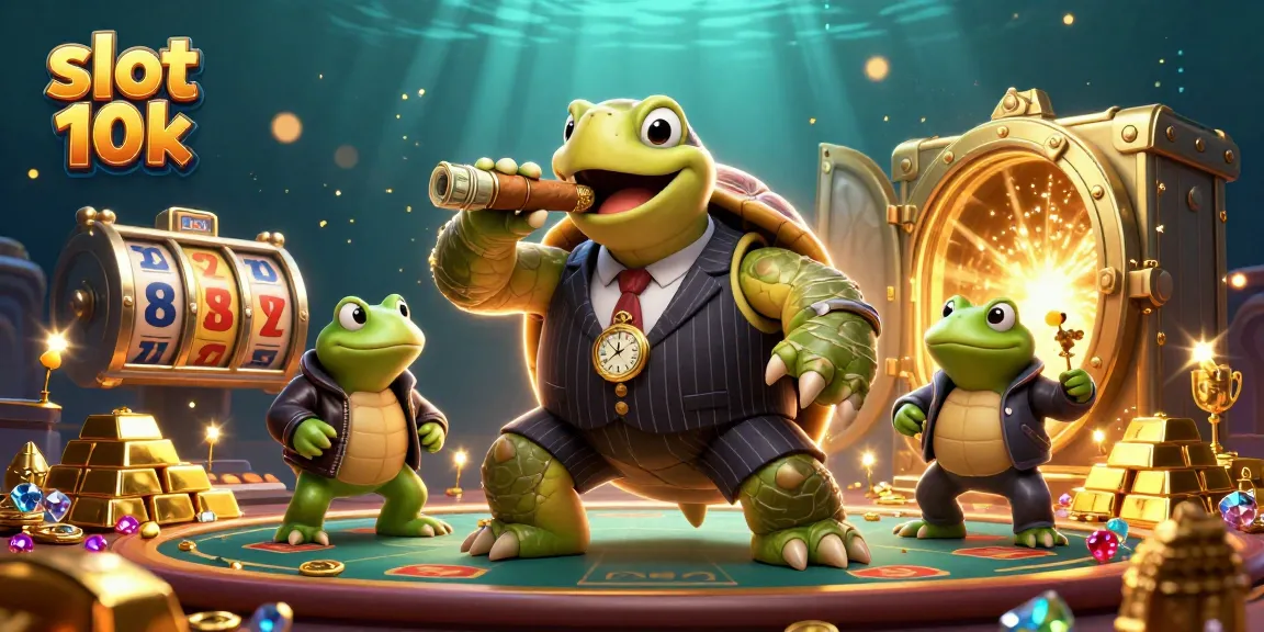 Experience the excitement of slot 10k with a dynamic, cartoon illustration featuring a mobster turtle and his frog enforcers.