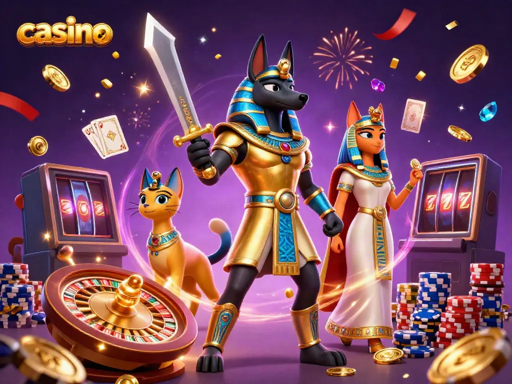 Experience the vibrant energy of the casino with Anubis and Bastet surrounded by gold coins and winning games.