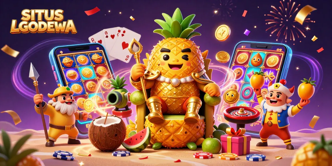 SITUS LGODEWA reveals an enchanting scene of a golden pineapple king amidst a vibrant beach casino with thrilling slot games.