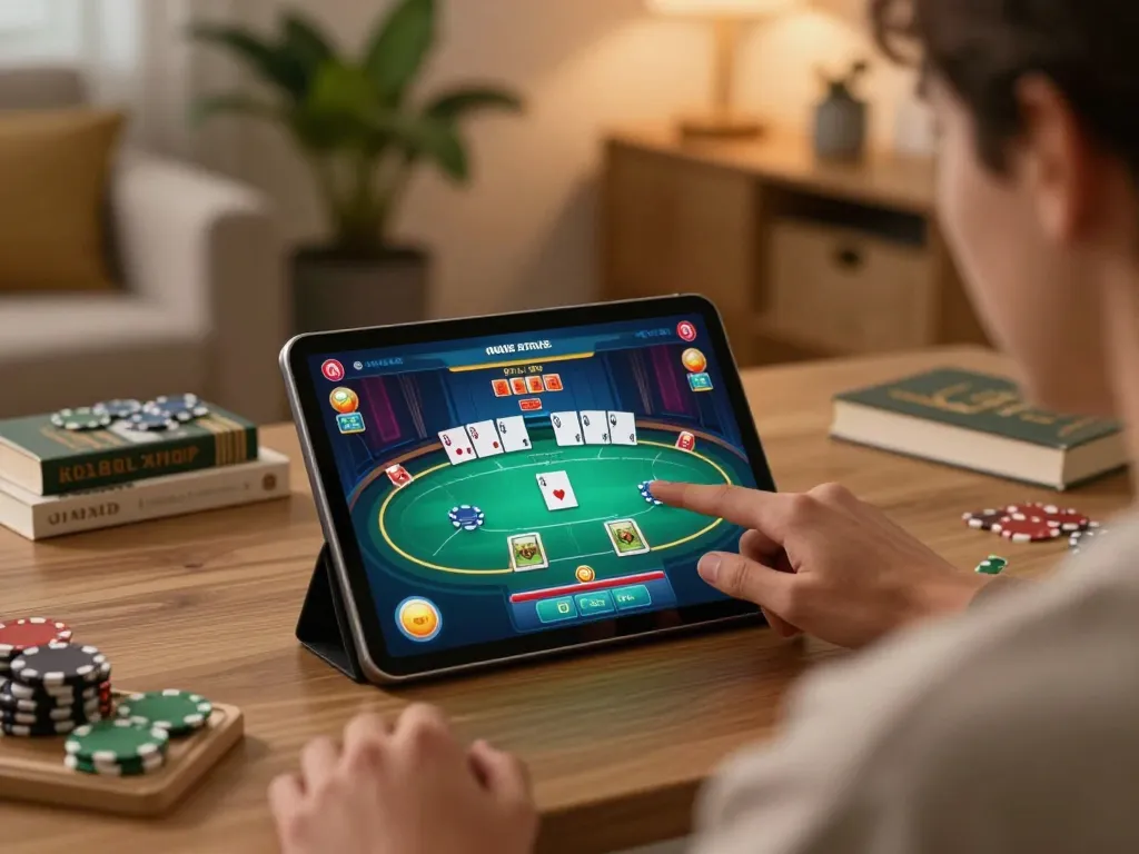 uu88 vip player engaged in online poker gaming at home, featuring vibrant game interface and cozy decor.