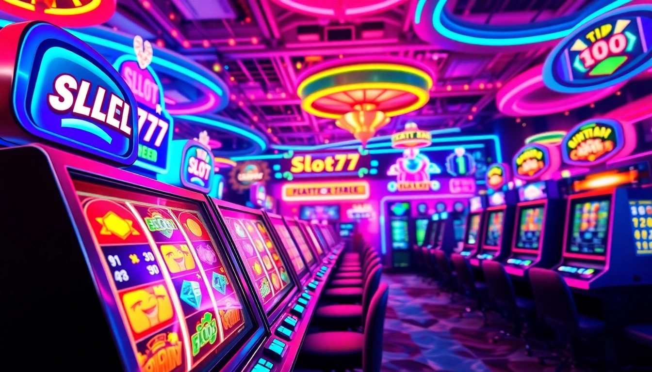 Permainan Slot77 yang menarik dengan mesin slot berwarna cerah dan suasana kasino digital.