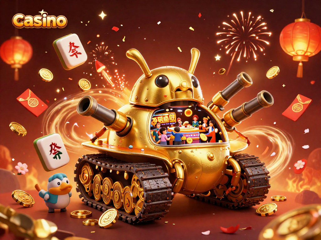 Experience the excitement of a casino inside a massive beetle tank, celebrating with confetti and fireworks.