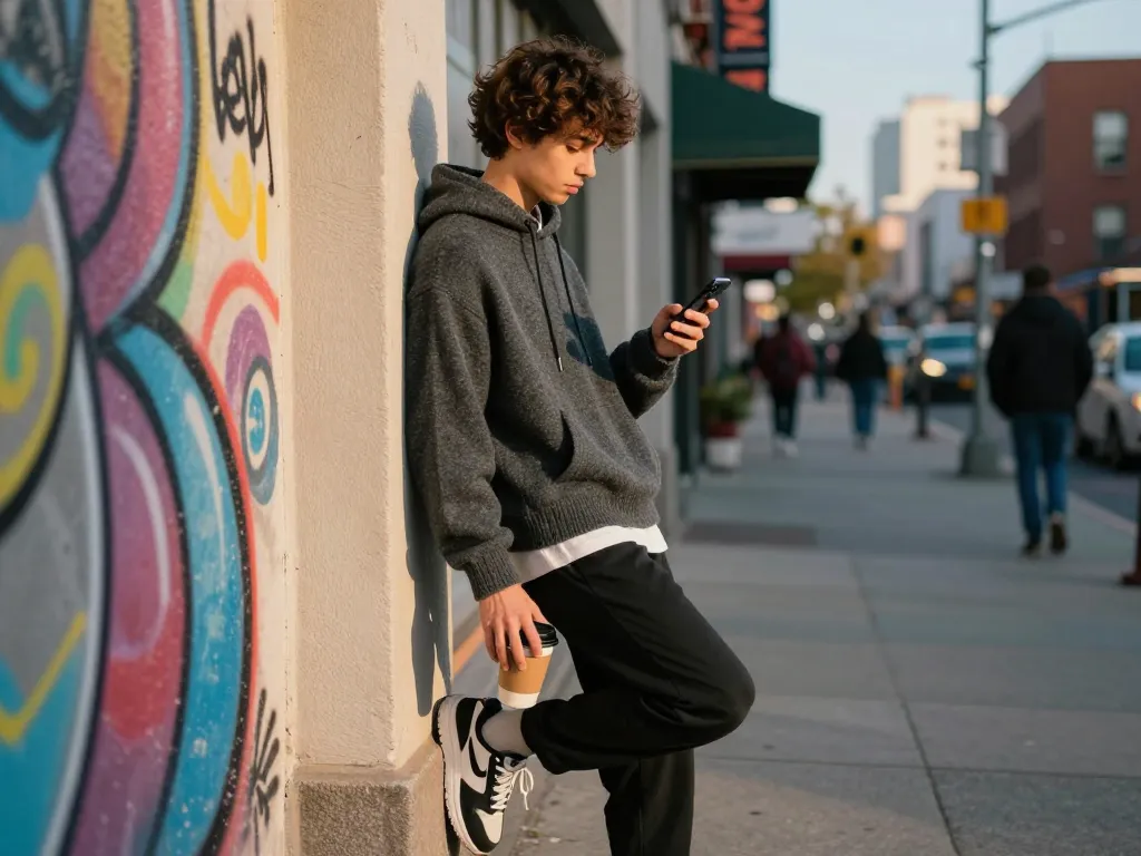Youthful man in stylish outfit enjoying urban life, highlighting fashion from revelcollective.myshopify.com.