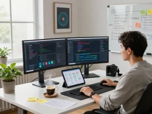 Developer using Clawdbot personal AI assistant at a modern workspace with coding monitors and automation tools.