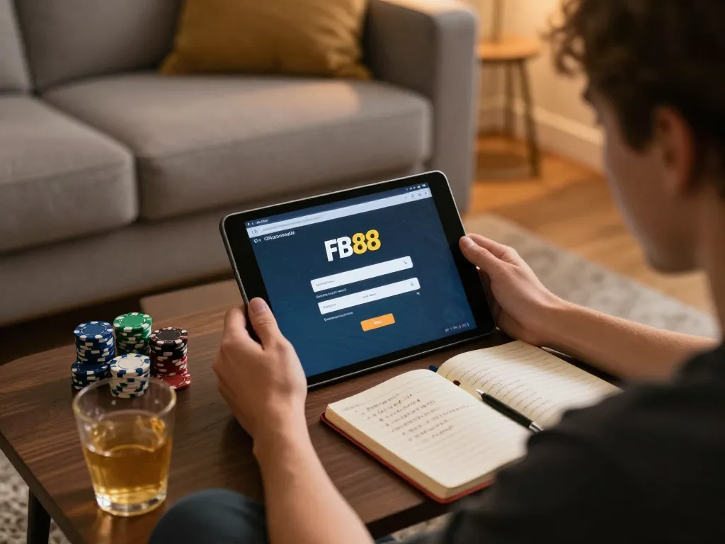 Đăng Nhập FB88 with user engaging on tablet, cozy home setting ideal for online gambling