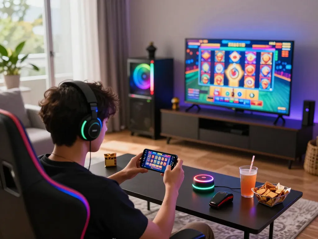 Excited player engaging with Zeus138 slot gacor on smartphone in modern living room setting.