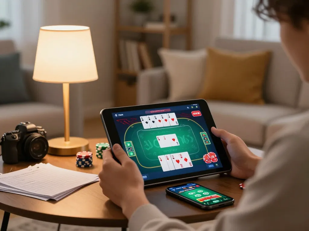 Engaging with online casino games on rr88co platform in a cozy room setting, showcasing responsible gaming lifestyle.
