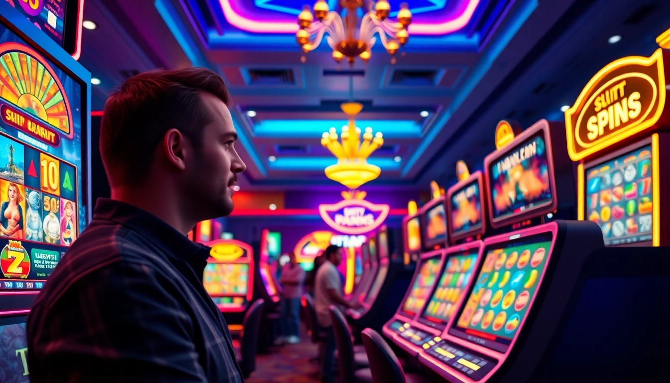 Engaged player at online slots Uk, showcasing vibrant machines in a lively casino environment.
