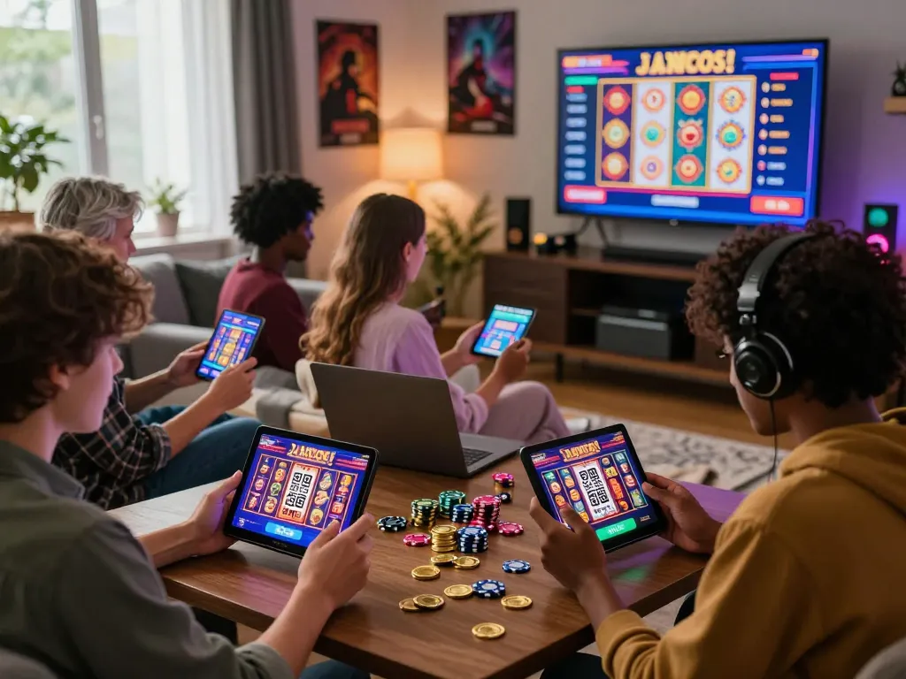 Players enjoying slot via qris in a cozy gaming setup, showcasing excitement and teamwork.
