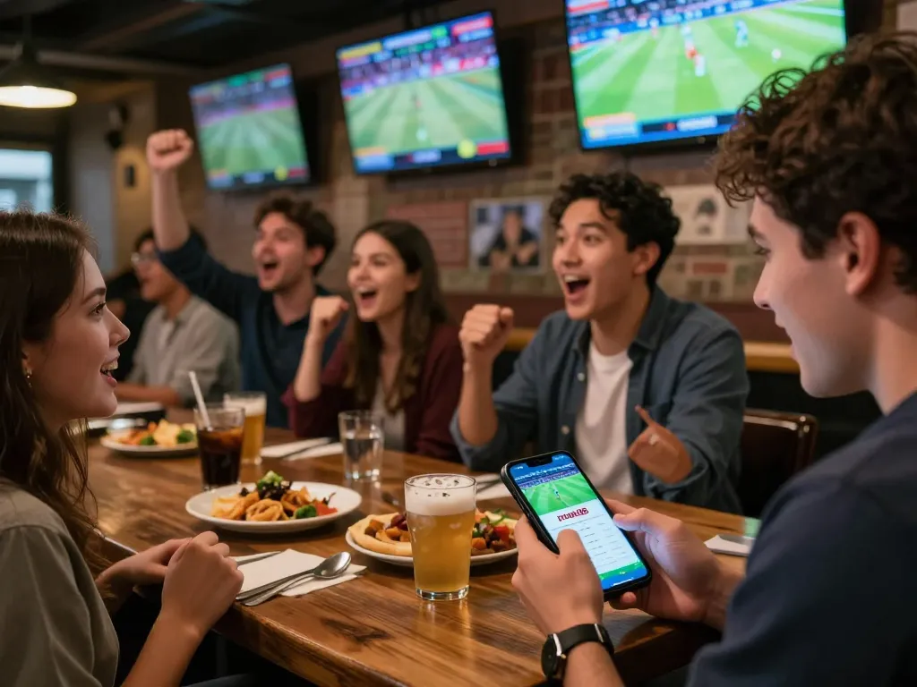 Sports betting excitement with rokok88 app being used at a lively sports bar.