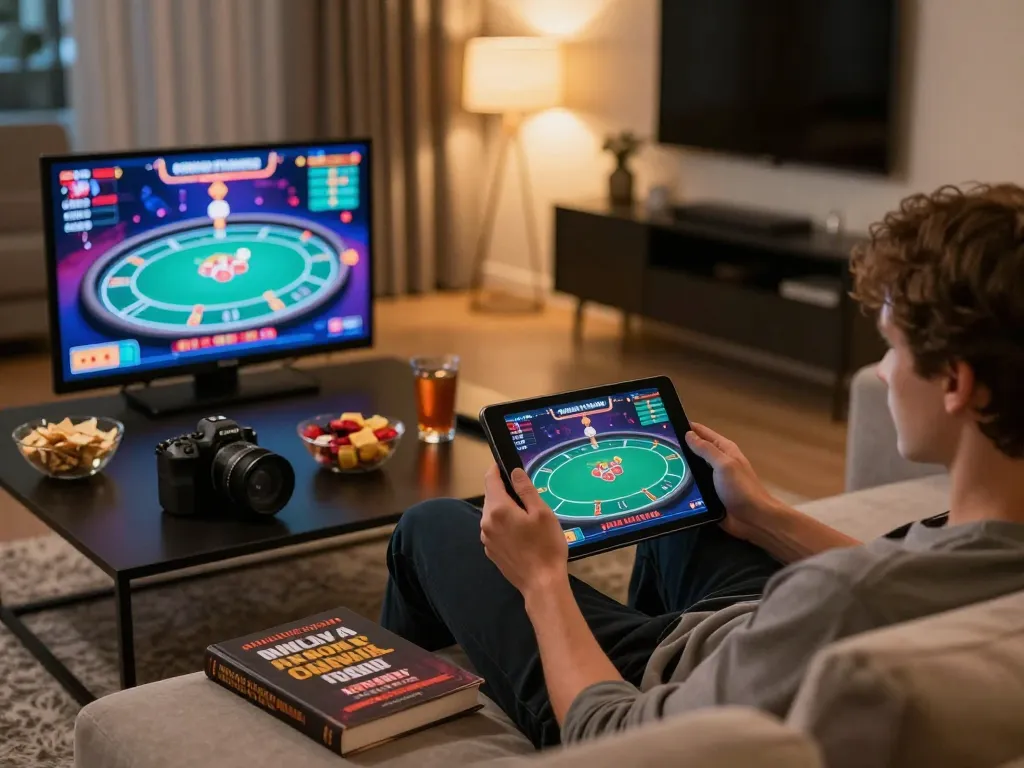Engaged in online white label casino gaming on a tablet while strategizing, showcasing a modern home setup