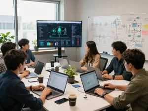 Team collaborating on a digital asset mining platform project in a vibrant tech office.