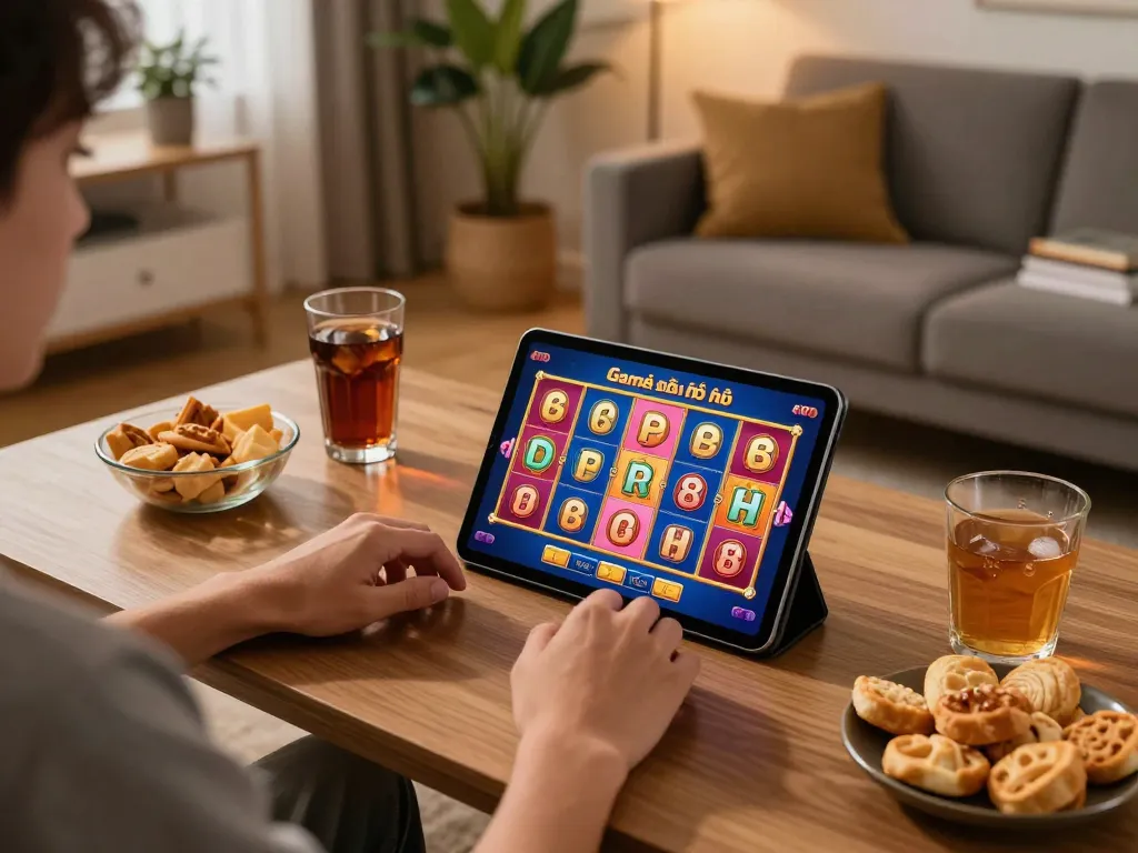 Playing Game bài nổ hũ on a tablet in a cozy living room setting with strategic snacks.