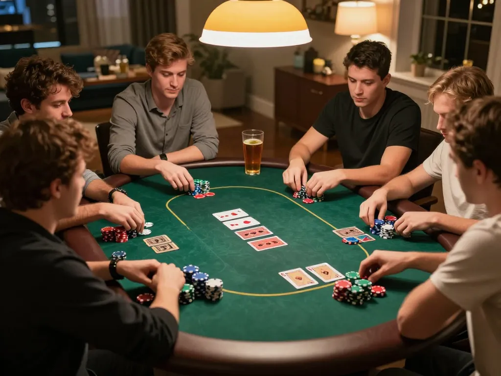 Dynamic home poker night scene, featuring friends playing Texas Hold'em, creating engaging moments with situs slot gacor strategies.