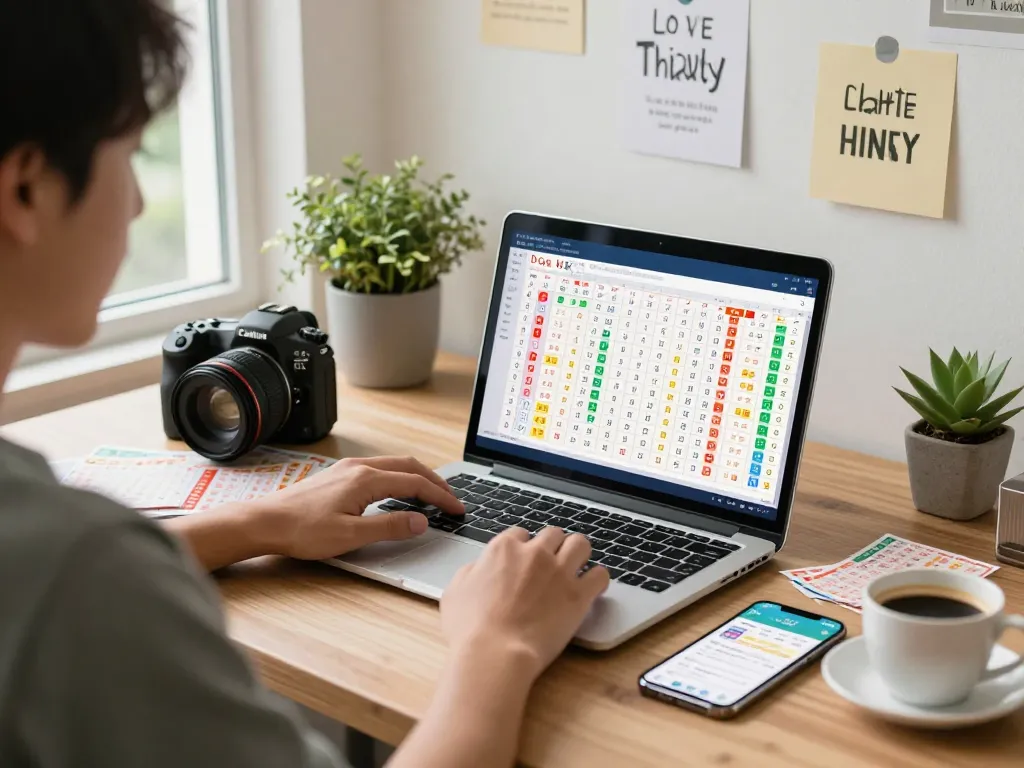 Analyzing Data HK lottery results on a laptop with scattered tickets and colorful charts.
