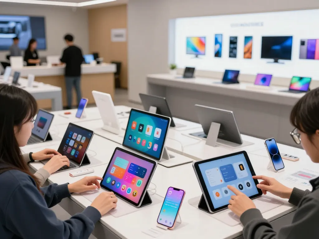 Explore the best widget store showcasing vibrant customization options for devices with users engaged in interactive shopping