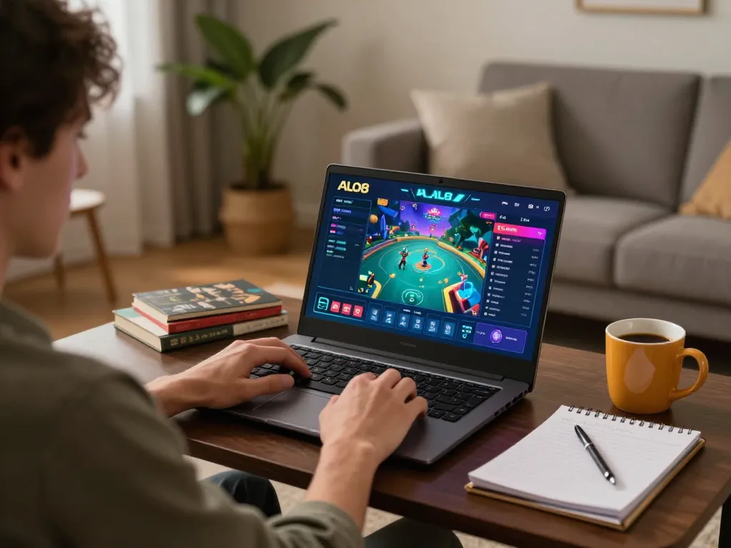 Player engaging with ALO8 on laptop in cozy home atmosphere, focusing on online gambling strategy.