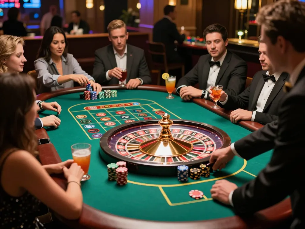Engaged players placing bets at a roulette table with superjp excitement, vibrant casino atmosphere, colorful chips in view.