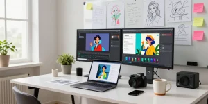 Designer using nano banana pro AI image editor in a bright, creative workspace with digital sketches.