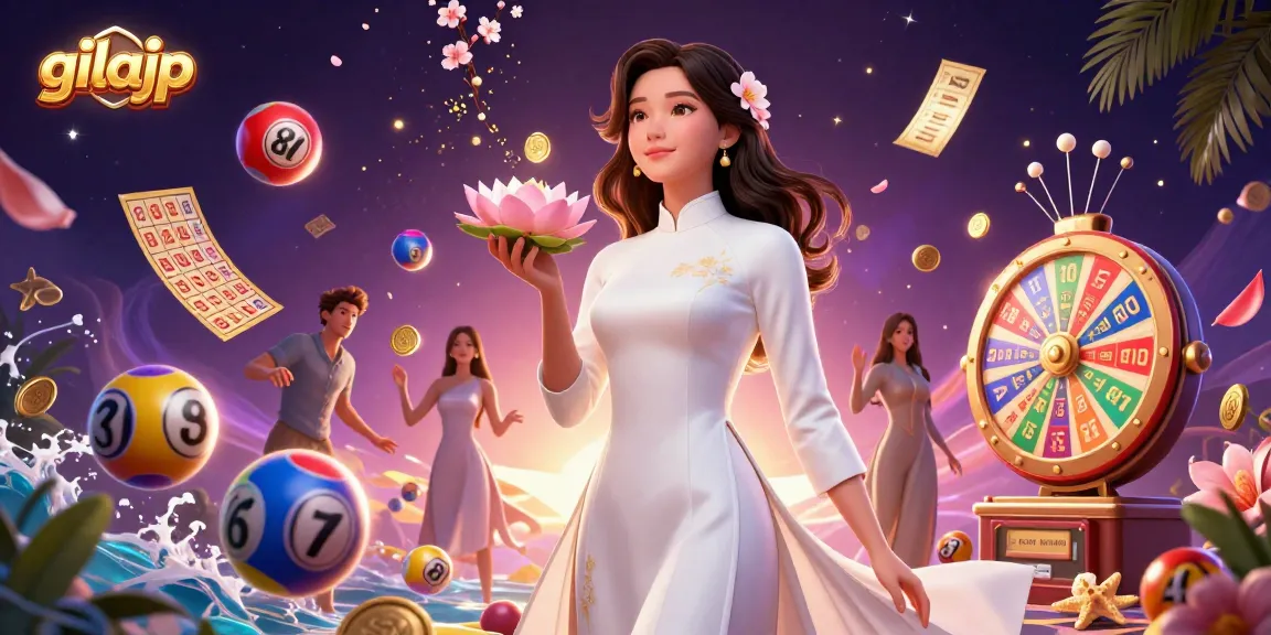 Join the excitement with gilajp, featuring vibrant lottery elements and a graceful Asian woman in a casino scene.