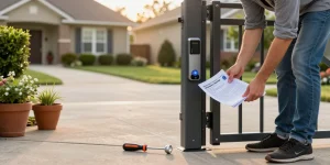 Mighty Mule gate opener not working, troubleshooting scene with homeowner inspecting automatic gate opener and using manual for guidance.