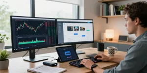 Trusted cloud mining company workspace with monitors displaying crypto charts and digital wallet details, emphasizing technology and security.