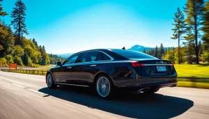 Experience the smooth vancouver to seattle limo service with a luxurious sedan on a scenic highway.