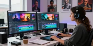 Video editor in a modern studio actively generating ai video prompts on dual monitors.