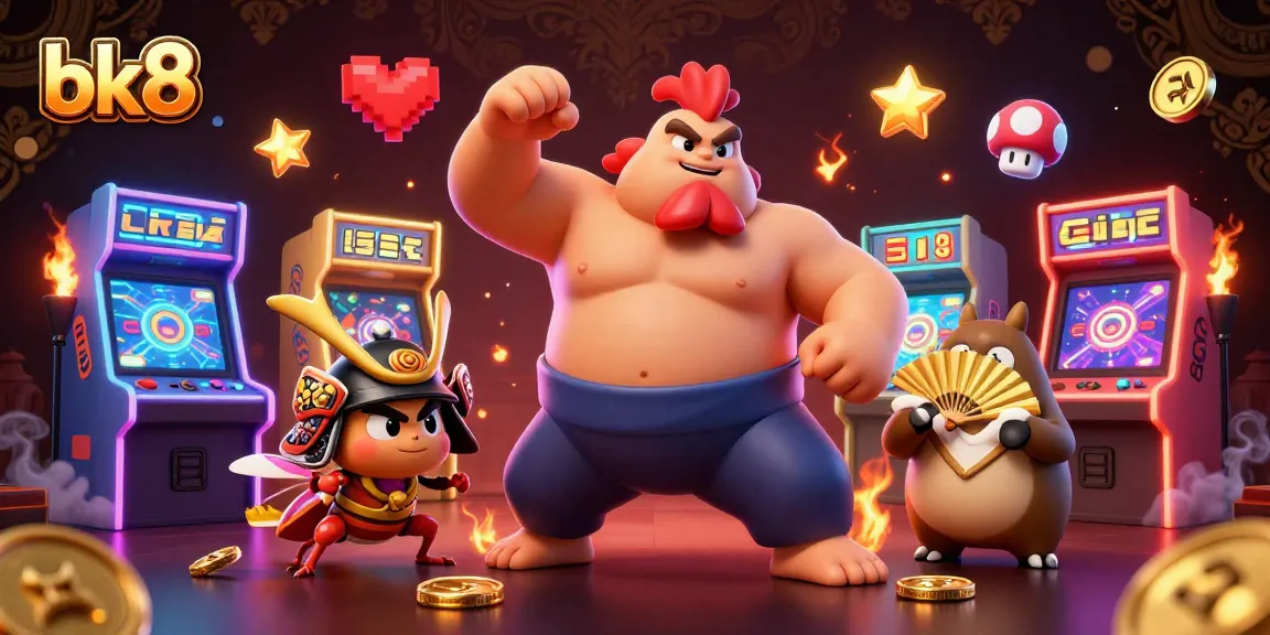 Experience the excitement of bk8 with a dynamic battle between a powerful rooster and a fierce cricket in a vibrant casino setting.