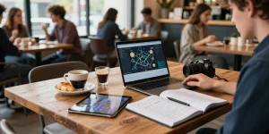 cloud mining service analysis at a coffee shop with cryptocurrency whitepapers and blockchain research