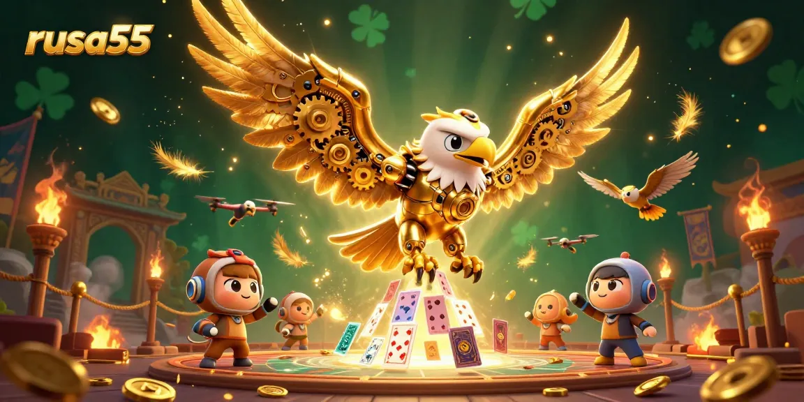 Rusa55 players dive into exciting gaming action with jackpot opportunities in a vibrant 3D casino scene.