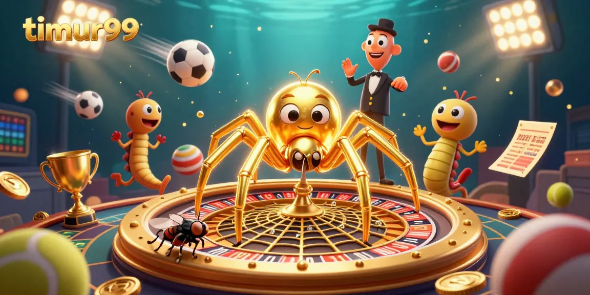 Experience thrilling bets with timur99 in a vibrant casino scene featuring a golden web roulette and animated sports elements.