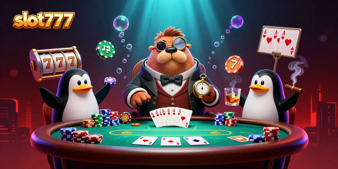 Experience thrilling slot777 gameplay with a lively walrus and poker scene at an underwater casino.