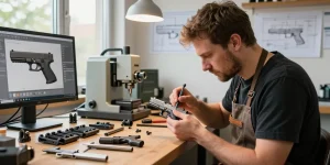Expert gunsmith customizing Glock slides at https://precisionglockslides.com with specialized tools and 3D design models.