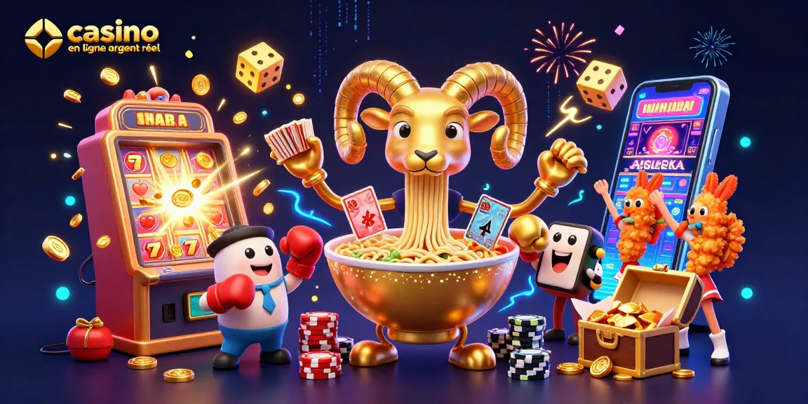 Illustration dynamique de "casino en ligne argent réel" avec un bol de ramen en or, des personnages de jeux et des effets de jackpot.