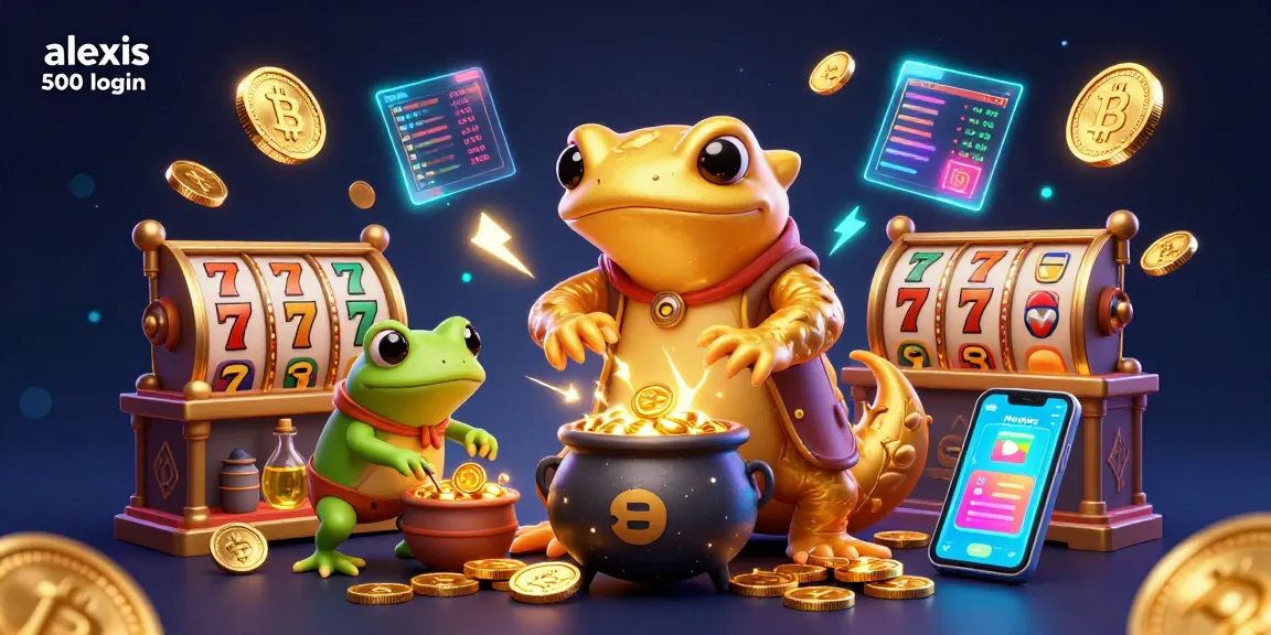 Engage with the vibrant alexis 500 login scene showcasing a golden salamander alchemist and slot reels.