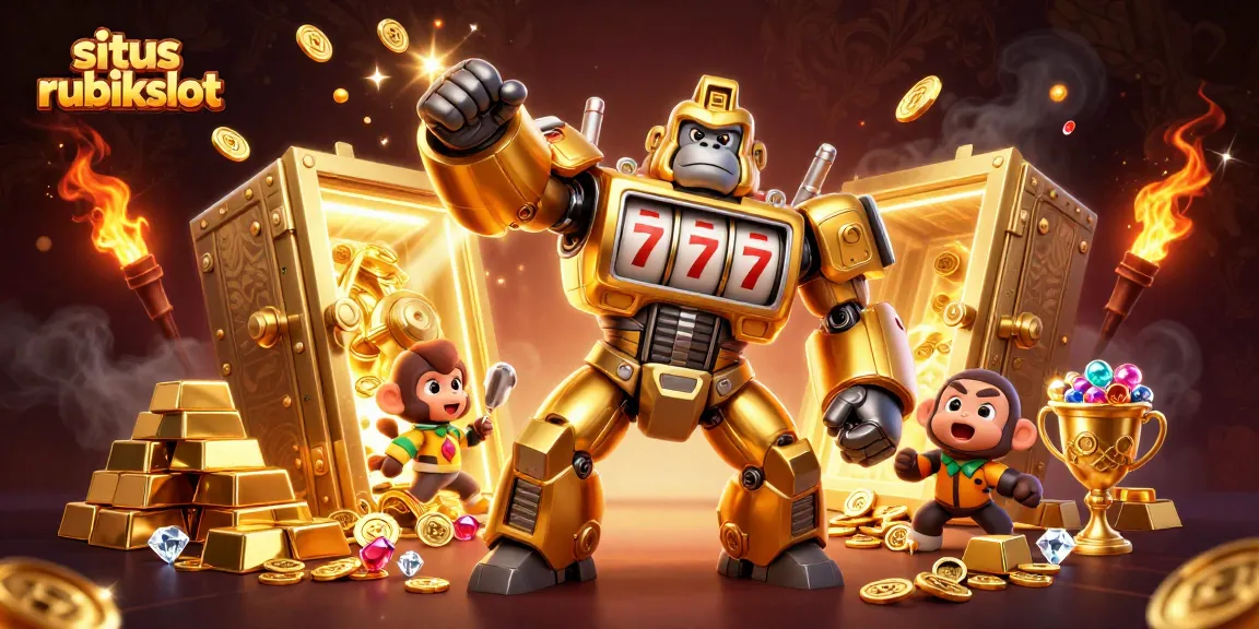 Win big with situs rubikslot, featuring a golden gorilla mech and treasure elements.