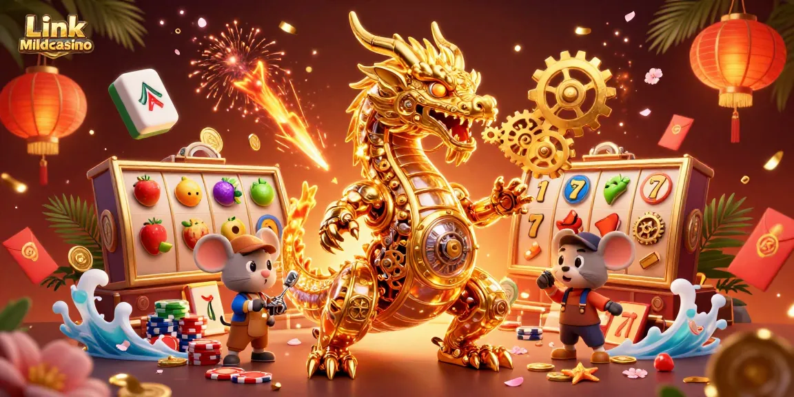 Immerse yourself in Link Mildcasino with an artistic scene featuring a dragon and vibrant casino elements.