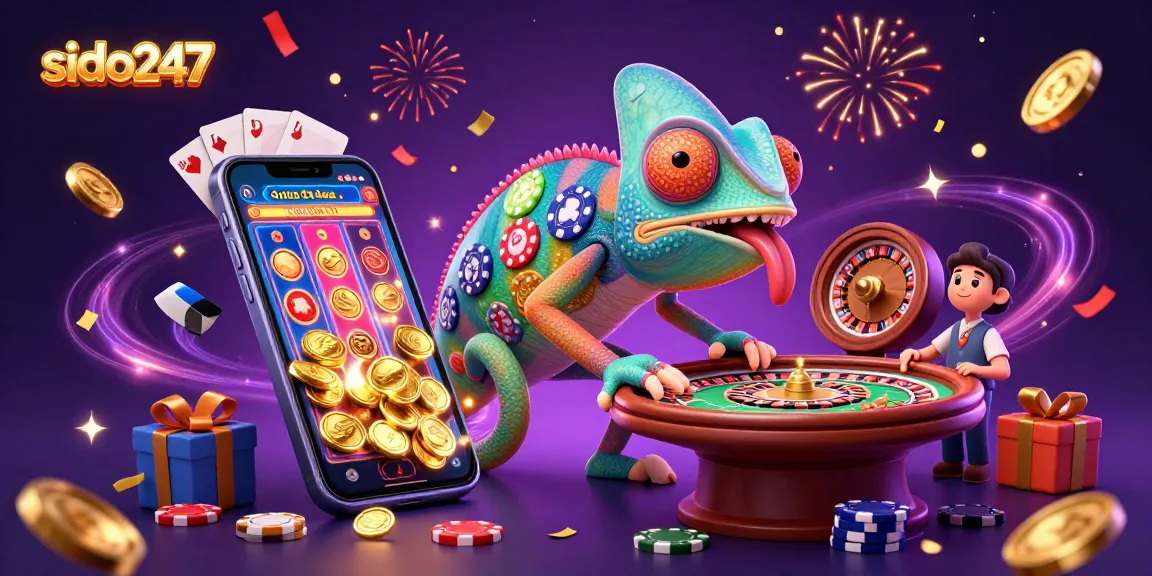 Engage in thrilling moments with SIDO247, where the chameleon casino owner eagerly grabs golden coins amidst vibrant gambling excitement.