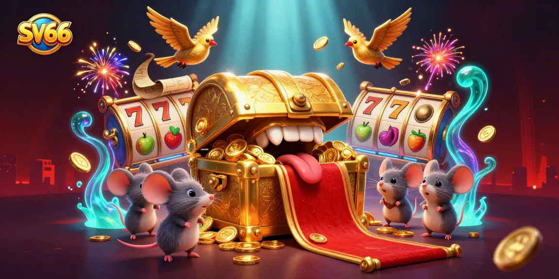 SV66 slot game scene with a treasure chest, coins, and vibrant casino elements, offering exciting opportunities for players