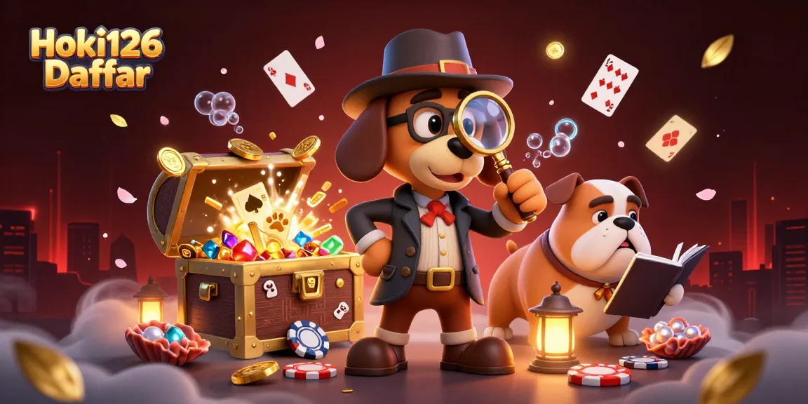 Engage with Hoki126 Daftar by uncovering treasure clues alongside a detective in this vibrant 3D casino scene.