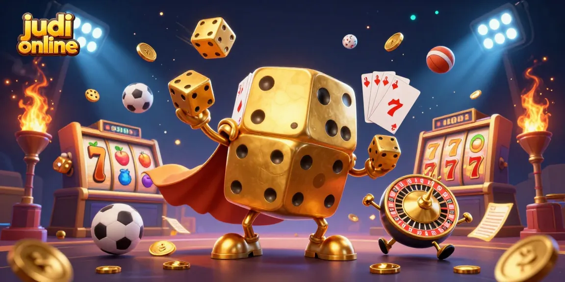 Permainan judi slot online yang seru dengan karakter dadu emas dan elemen kasino menarik.